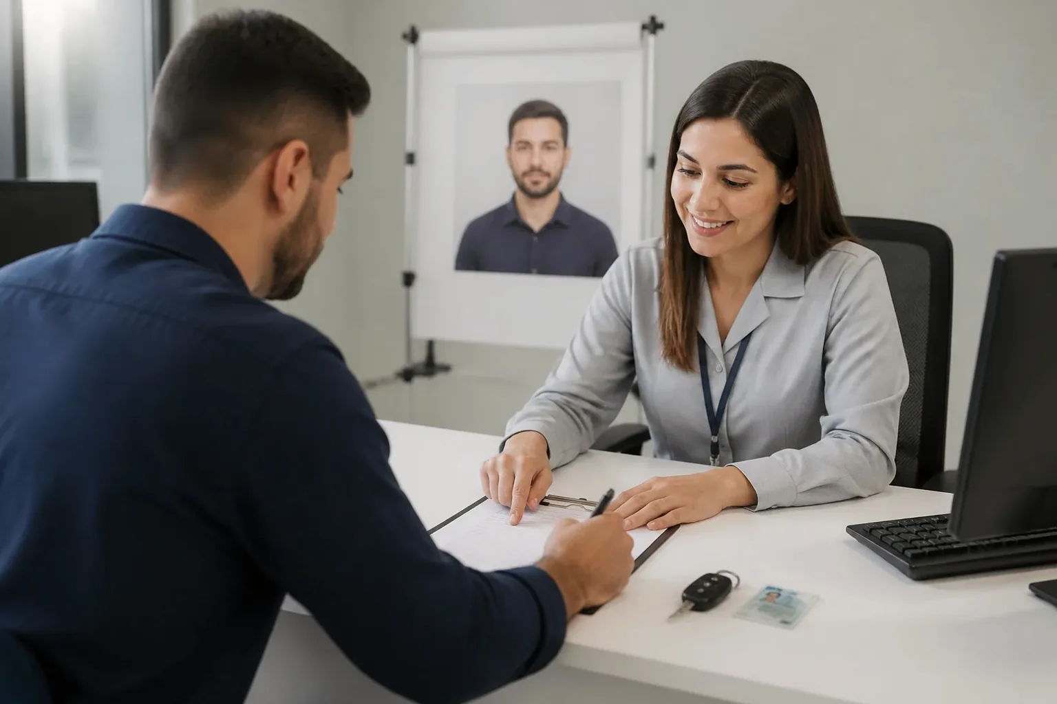 Profissional auxiliando na renovação da CNH.