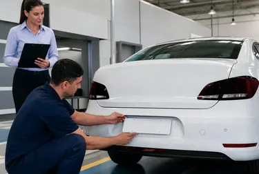 Profissional realizando o primeiro emplacamento de um carro.