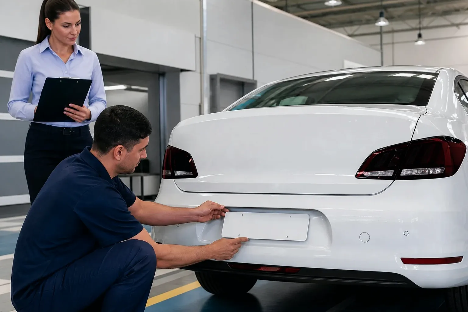 Profissional realizando o primeiro emplacamento de um carro.